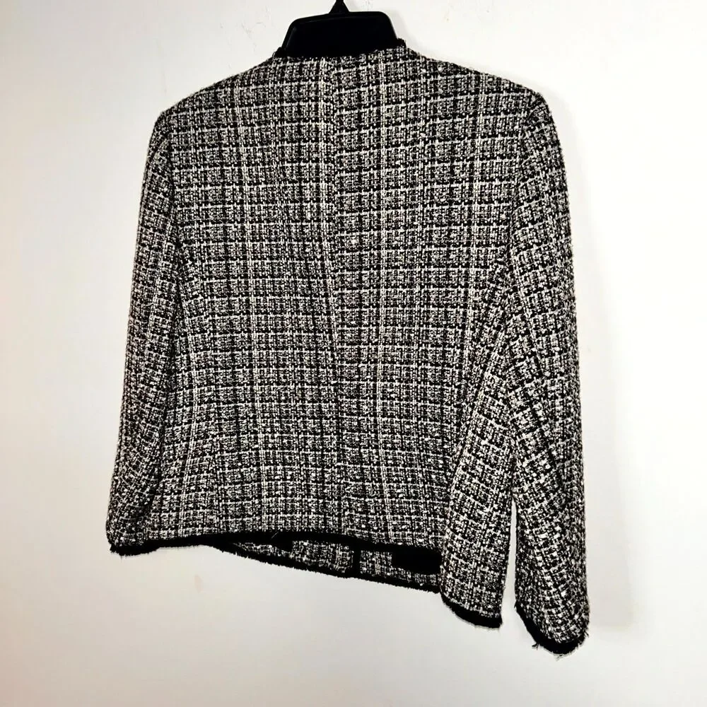 Anne Klein Blazer Women's 8 Black White Tweed Fringe Trim Career Office Wear